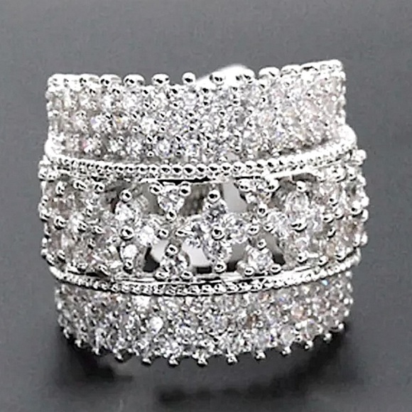 WHITE GOLD SAPPHIRE BAGUETTE RING FLOWER DIAMOND ENGAGEMENT - Picture 3 of 7